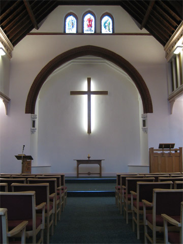 View down the central aisle of the church